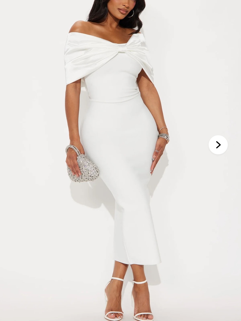 Off-Shoulder White Midi Dress with Bow